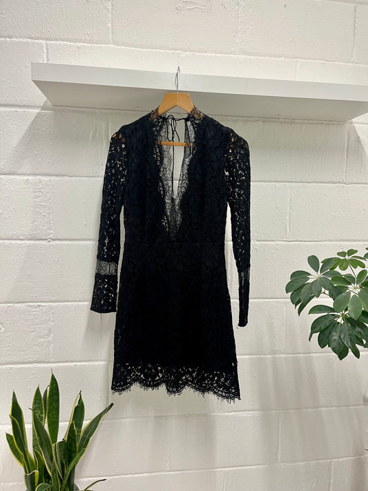 Sandro Paris Deep V-Neck Floral-embroidered Lace Mini Dress in Black